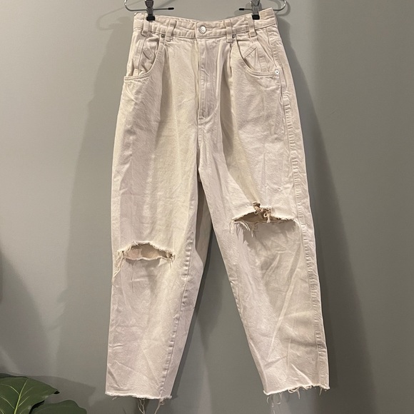 Zara Denim - Zara Beige Highwaisted Wide Leg Distressed Jeans